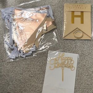 Gold Happy Birthday Party Banner & Cake Topper Set - Metallic Rose Gold